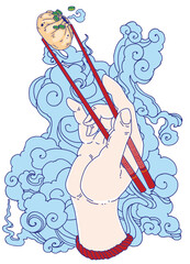 chopsticks in hand are held by baodzi against a background of steam