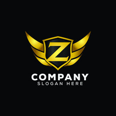 Luxury Letter Z Gold Wing with Shield Logo template, Golden Wing Shield Luxury Initial Letter Z logo