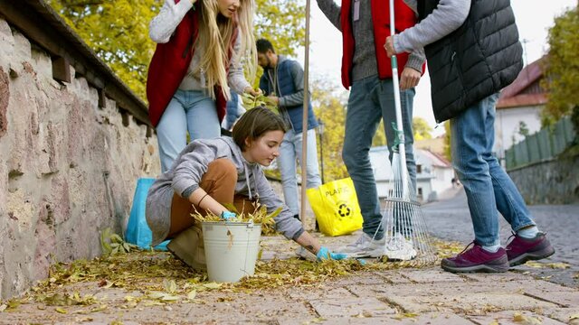 Diverse Group Of Happy Volunteers Cleaning Up Street, Community Service Concept