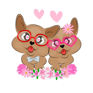 doggies couple in love cute illustration of dogs wearing glasses with flowers for valentine's day card textile print packaging decoration t-shirt print love childrens illustration Vector illustration