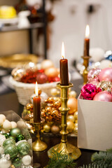 Elements of Christmas decor close-up; preparation for decorating the house before the holidays