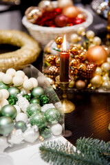 Elements of Christmas decor close-up; preparation for decorating the house before the holidays