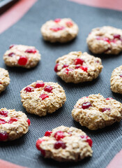 The process of making dietary oatmeal cookies with banana and cranberries. Vegan food