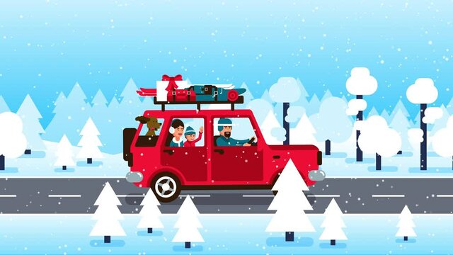 Family drives car during a snowfall along winter forest road. Family is going to the Christmas holidays. Looped animation