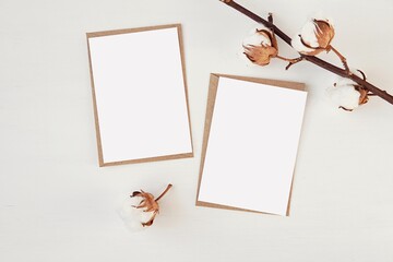 Two greeting cards, notecards, post cards mockup for text, photo or design presentation, aesthetic...
