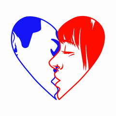 hand drawing vector illustration.blue and red face kiss in a linear style on a white background.logo man kissing woman.symbol of love and charity.modern design for posters,tshirts,bags,invitations,etc