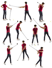 Development of movements. Collage made of images of professional golf player with golf club isolated on white studio background.