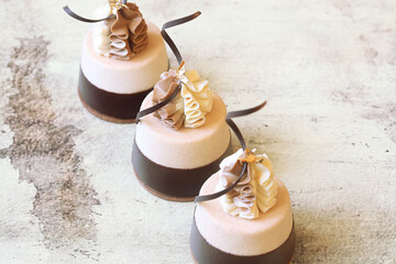 Contemporary Coffee Chocolate Mini Mousse Cakes, dipped in chocolate, garnished with whipped white...
