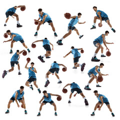 Development of movements. Collage made of images of professional basketball player with ball isolated on white studio background.