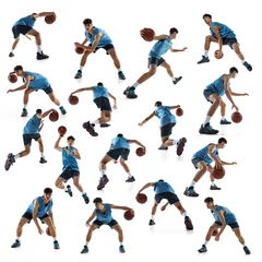 Poster Development of movements. Collage made of images of professional basketball player with ball isolated on white studio background. © master1305