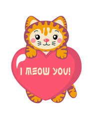 Cute kitty holding a heart, I meow you Valentine's day card, kawaii style sweet kitten, a little tiger in love 