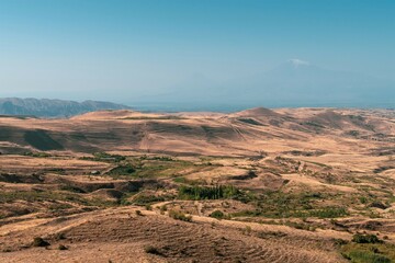 Armenia, Ararat valley, September 2021. Mountain landscape with a view of Mount Ararat.