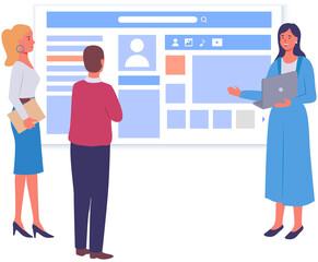 Colleagues discussing promotion of account in social network. Employees work with customer profile. Internet browser window with open social media. Configuration of profile with user data and photo