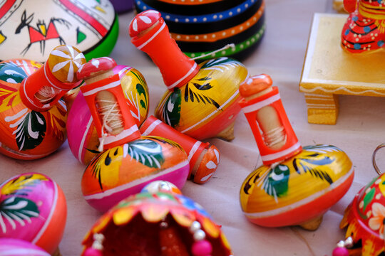 Traditional handmade Colorful toys made from wood, wooden toys, family, selective focus.