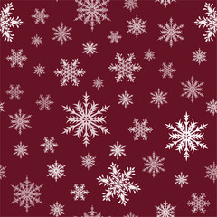 Ornamental snowflakes on dark red background seamless pattern, Christmas repeat pattern