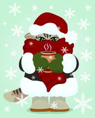 Obraz premium A cute and cozy winter cat wearing a hat and a scarf, a warm coat, mittens and boots. Santa cat holding a warm drink, Christmas kitty dressed like Santa in a snowfall