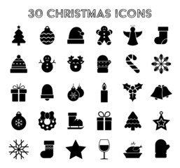 set of 30 Christmas icons, Christmas-tree decorations, patterns for greeting cards, flat vector illustration isolated on white background