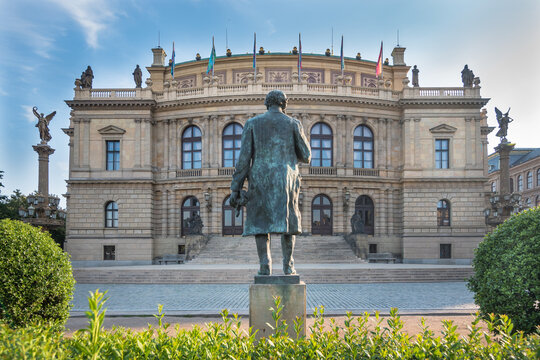 Prague, Czech Republic, June 2019 -  view of the statue of Antonin Dvorak in front of Rudolfinum 