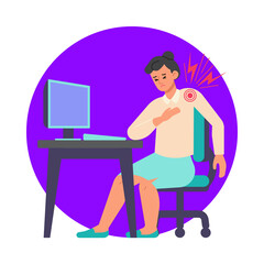 Woman with shoulder pain symptom at workplace vector illustration