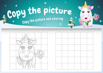 copy the picture kids game and coloring page with a cute unicorn using christmas costume
