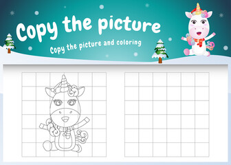 copy the picture kids game and coloring page with a cute unicorn using christmas costume