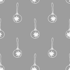 Grey and white seamless pattern. Doodle Christmas tree toys vector, background. Winter jewel, decoration for New Year eve. Print on textile and paper with glass balls, snowflakes. Winter fabric design