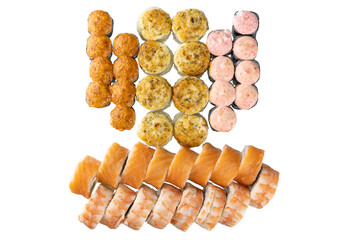 Sushi set on the white background. Closeup of delicious japanese food with sushi roll. Top view.