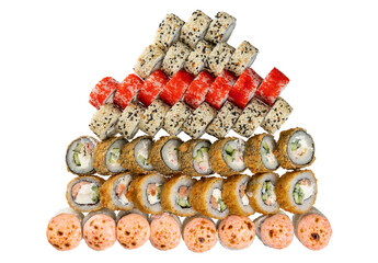 Sushi set on the white background. Closeup of delicious japanese food with sushi roll. Top view.