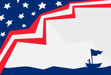 Columbus Day background with American flag and a silhouette of ship 