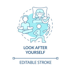 Look after yourself turquoise concept icon. Harmony and balanced lifestyle abstract idea thin line illustration. Isolated outline drawing. Editable stroke. Roboto-Medium, Myriad Pro-Bold fonts used