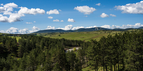 Beautiful landscape nature photography. Beautiful skies cover the mountains and meadows. Top view. 
