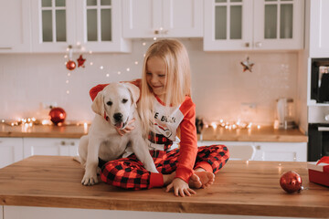 blonde little girl in red Christmas pajamas is sitting in a garlanded kitchen with a white dog. winter weekends and holidays in a warm family circle. child and pet. space for text. High quality photo
