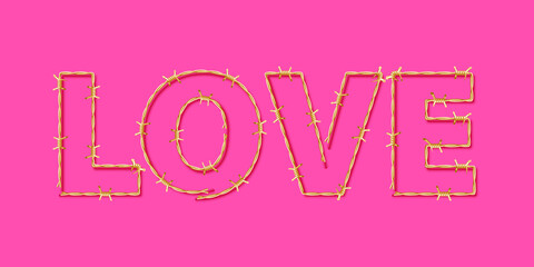 Love word written with golden barbed wire. Vector illustration.