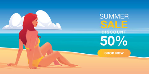 Vector Cartoon. Summer sale banner template design with woman in bikini sits on the beach illustration