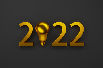 New year 2022 with a light bulb. Gold numbers and a light bulb on a black background. Ideas and solutions concept. 3D rendering.