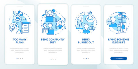 Out of balance life blue onboarding mobile app screen. Imbalance walkthrough 4 steps graphic instructions pages with linear concepts. UI, UX, GUI template. Myriad Pro-Bold, Regular fonts used