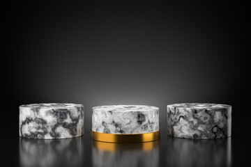 Three podiums of white marble on a black background. The concept of a cylindrical stand. 3D rendering.