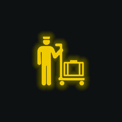Bagagiste With Baggage On A Platform Cart yellow glowing neon icon