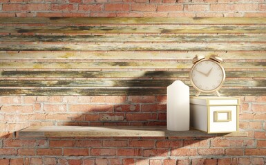 A sample box with a frame to insert the inscription for storing the most important things on the shelf. Candle and clock on brick wall background. 3D rendering.