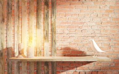 Horizontal wooden shelf with burning candles. Vintage style. White bird on a brick wall background with wooden planks. 3D rendering.