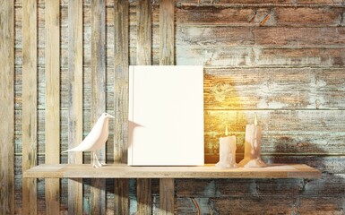 Blank book cover on textured wood background by melting candlelight. 3D rendering.
