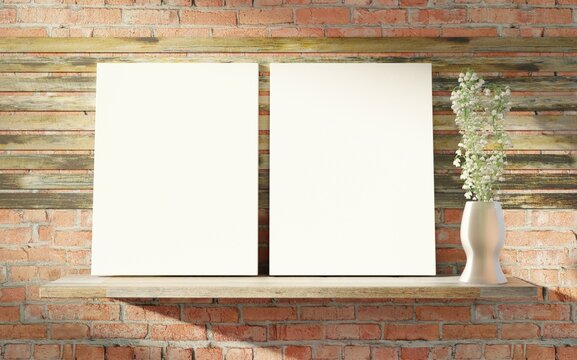 Blank canvases for the presentation of artwork on a shelf with a porcelain vase with white flowers. 3D rendering.