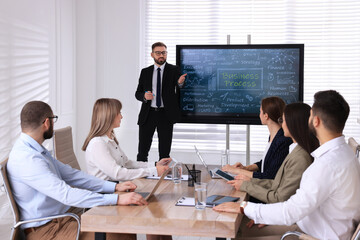 Business trainer near interactive board in meeting room during presentation