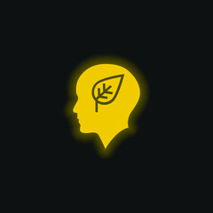 Bald Head With Leaf yellow glowing neon icon