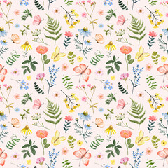 Spring floral seamless pattern on pastel pink background. Watercolor hand painted pretty yellow, pink, orange and blue flowers, herbs and butterflies. Cute botanical print.