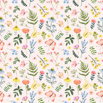 Spring floral seamless pattern on pastel pink background. Watercolor hand painted pretty yellow, pink, orange and blue flowers, herbs and butterflies. Cute botanical print.