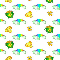 Seamless vector pattern - Irish for St Patrick Day. Celtic with pot and rainbows. White Background.