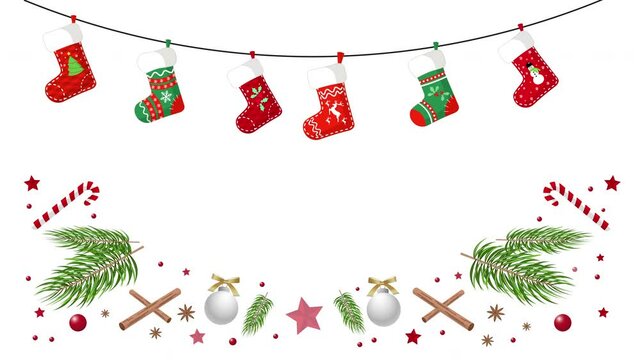 Christmas and new year decorative and charming card or banner template design. Hanging ornamental Christmas socks and rotating different holiday decorations