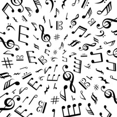 Music notes and symbols background. Vector illustration.