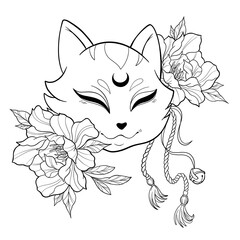 Black and white illustration of a Japanese fox mask with flowers on a white background. Kitsune mask.